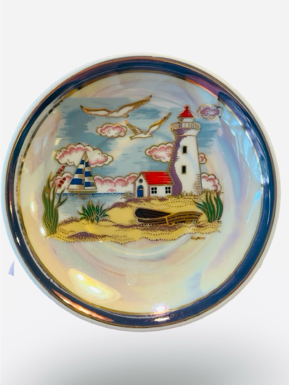 Vintage Iridescent Lusterware Lighthouse Souvenir Saucer Plate Coastal Nautical